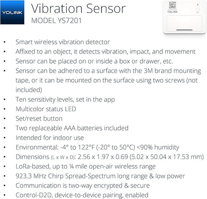 YoLink LoRa Smart Vibration Sensor; Smart Shock, Glass Break, Tamper, Movement Detector, Generator Running, Email/SMS/Push Alerts, 1/4 Mile Open Air Range, Alexa, Hub is not Included