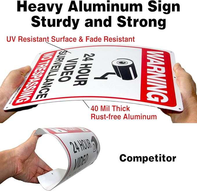Video Surveillance Sign, No Trespassing Sign, Metal Reflective Warning Sign, 4 Pack, 14x10 Inches .040 Aluminum, Indoor or Outdoor Use for Home Business CCTV Security Camera,UV Protected & Waterproof