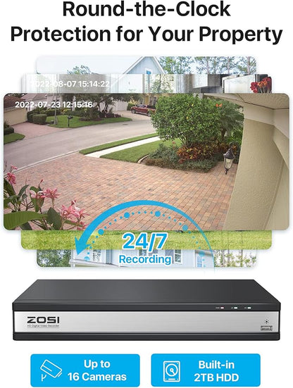 ZOSI H.265+ 1080p 16 Channel Security Camera System with AI Human Vehicle Detect, 16CH DVR with 2TB HDD and 8 x 2MP Weatherproof Surveillance CCTV Bullet Camera Outdoor, Night Vision, Remote Access