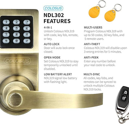 Colosus NDL302 Electronic Digital Keyless Door Lock, Keypad – Smartcode Security, Grant & Control Access for Home, Office (Gold - 4 Key Fobs)
