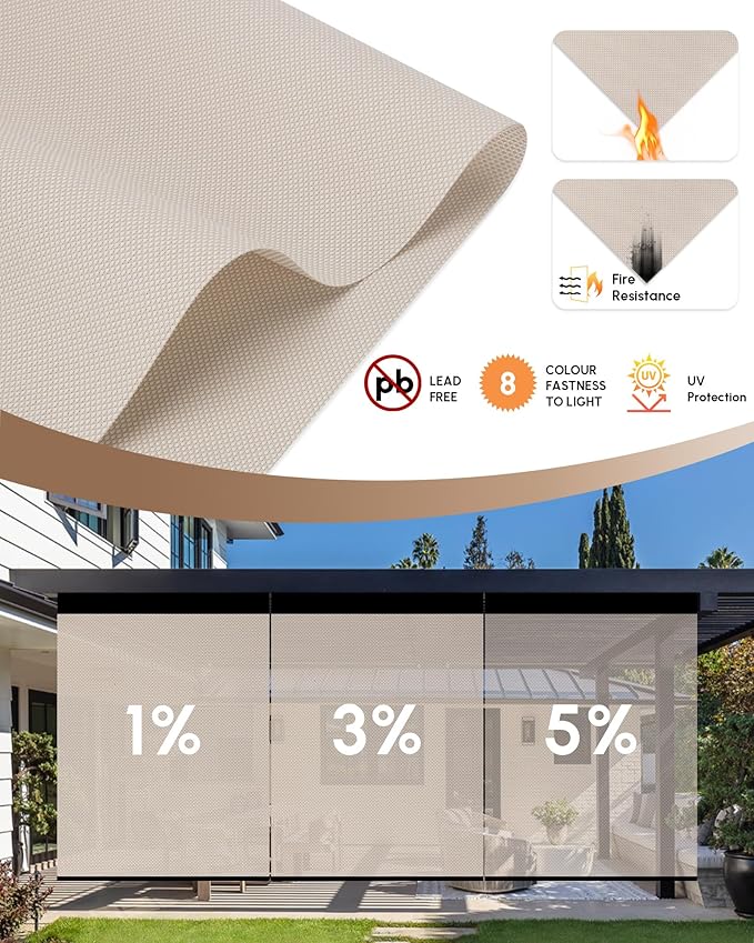 Kincmo Motorized Outdoor Shades for Patio Porch, Custom Outdoor Motorized Blinds with Remote, Waterproof & Windproof Patio Shades Work with Apple Homekit,Alexa,Google (5% Openness Beige)