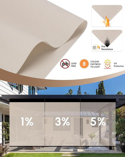 Kincmo Motorized Outdoor Shades for Patio Porch, Custom Outdoor Motorized Blinds with Remote, Waterproof & Windproof Patio Shades Work with Apple Homekit,Alexa,Google (5% Openness Beige)