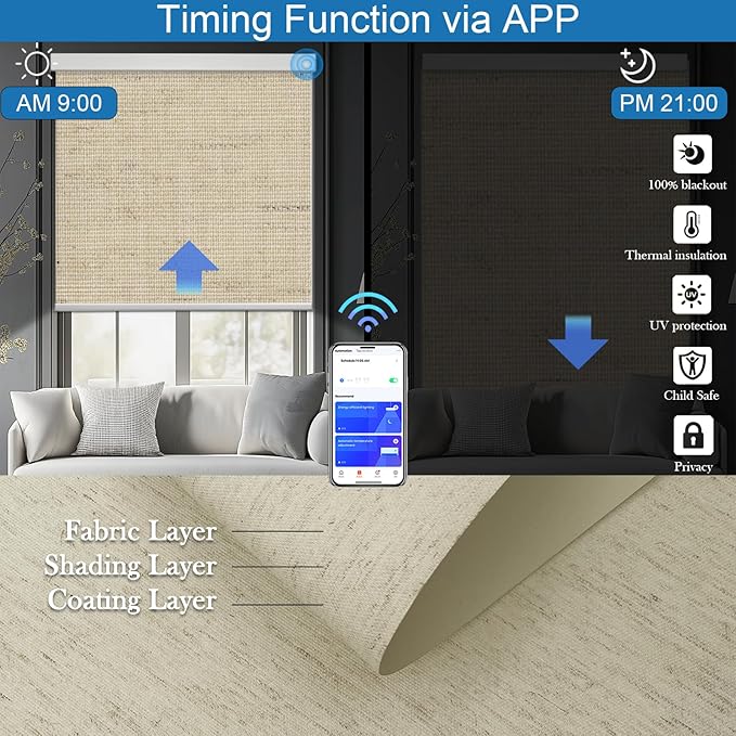 Motorized Blinds with Remote Cordless Automatic Motorized Shades Custom Blinds for Windows Smart Curtains Compatible with Alexa Google Home(Blackout Linen Soft Dunes,W28 x H72in)