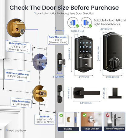 Veise VE027-L Built-in WiFi Smart Lock with Handles, Fingerprint keyless Entry Door Lock Set, App Remote & Voice Control, Electronic Deadbolt for Front Door, Touchscreen Keypad, Auto Lock, Matte Black