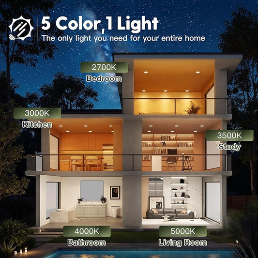 12 Pack 4 Inch 5CCT Ultra-Thin LED Recessed Ceiling Light with Junction Box, 2700K/3000K/3500K/4000K/5000K Selectable, 700LM Brightness, Dimmable Canless Wafer Downlight, 10WEqv90W, ETL&FCC