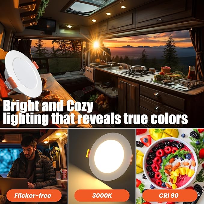 3 Inch RV Recessed Ceiling Lights 12V 3W 3000K, 6-Pack Ultra-Thin Puck Light, Dimmable LED Downlights for RV Camper Van Truck Boat Under Cabinet Lighting (70-75mm Cutout)