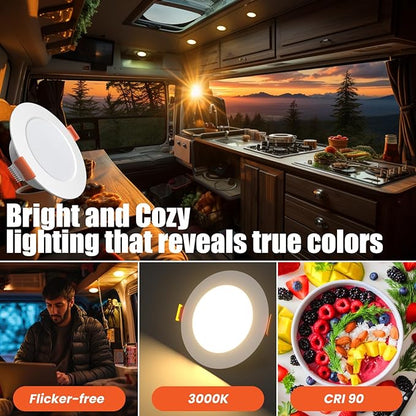 3 Inch RV Recessed Ceiling Lights 12V 3W 3000K, 6-Pack Ultra-Thin Puck Light, Dimmable LED Downlights for RV Camper Van Truck Boat Under Cabinet Lighting (70-75mm Cutout)