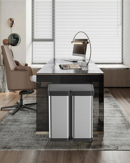 30L+30L Dual Compartment Motion Sensor Trash Can, 16Gal Automatic Kitchen Recycling Bin with Soft-Close Lid & Fingerproof Stainless Steel (Silver)