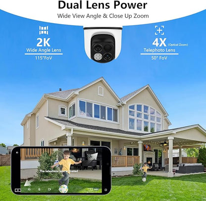 wansview Security Cameras Wireless Outdoor-2K Dual Lens Home Security Cameras, 360° View, Solar Panel Battery Powered, Color Night Vision, PIR Sensor, IP65 Waterproof, Work with Alexa, B7 2P White