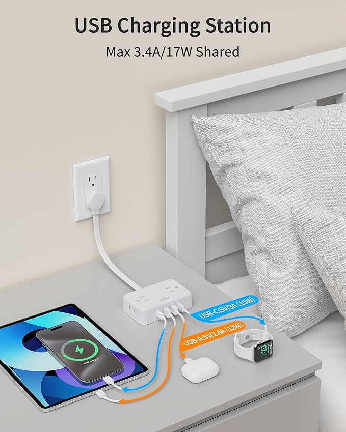 HOPOW Short Extension Cord 0.5FT, Flat Plug Outlet Extender with 4 Outlets & 4 USB Ports(2 USB C), No Surge Protector for Cruise Ship, Multiple Outlet Small Power Strip for Home Office Travel