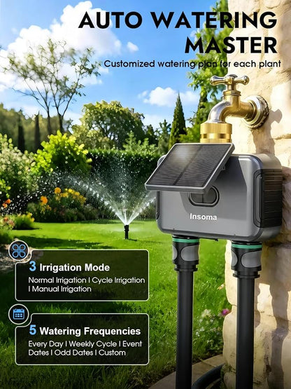 Insoma Solar WiFi Water Timer w/Adjustable 120° Solar Panel, 2-Zone Smart Sprinkler Timer Solar&Type-C Powered, APP&Voice Control Auto Irrigation for Lawn Garden, No Need Hub, Work with Alexa&Google