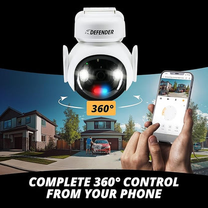 Defender Solar Powered 4K AI Guard Ultra-Charge PTZ Wireless WiFi Security Camera, 2 Pack, 2 x 64GB SD Card, 5W Solar Panel, 10,000 mAH Battery, 24/7 Recording, AI Tracking, Works with Guard App
