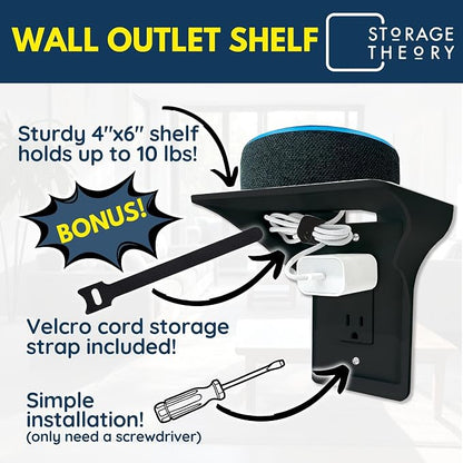 Power Perch Outlet Shelf Organizer for Alexa Echo Dot, HomePod Mini Speakers, Phone - Wall Outlet Holder with Cord Storage Strap - Socket Shelf Bathroom Kitchen Counter Charging Station - Black 2 Pack