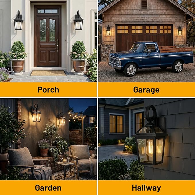 Front Porch Lights Outdoor Wall Lights Exterior Wall Sconce, Black Exterior Light Fixtures with Clear Glass, Farmhouse Outdoor Lighting Fixtures for House Front Door Garage Patio