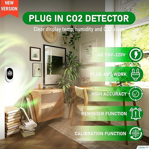 LSENLTY Upgraded CO2 Detector Plug in Wall Design, 3 in 1 Air Quality Detector(Temp, Humidity and CO2 Value), High Accuracy CO2 Meter with Threshold Reminder and Manual Calibration for Home 2 Pack