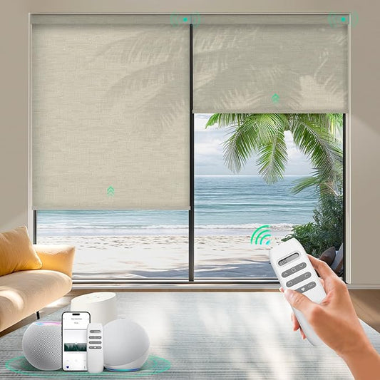 HeyBlinds Motorized Blinds with Remote, Smart Roller Shades with App & Voice Control, Work with Alexa Google HomeKit, Light Filtering Custom Window Shades for Living Room Office (Moon River-Sand LF)