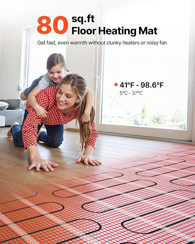 VEVOR Self-Adhesive Mesh Floor Heating Mat, 80 sqft 120V, Smart Thermostat & Alarm, Easy Install for Tile, Stone & Vinyl Flooring