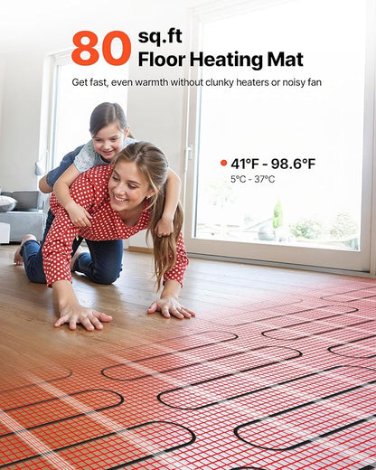 VEVOR Self-Adhesive Mesh Floor Heating Mat, 80 sqft 120V, Smart Thermostat & Alarm, Easy Install for Tile, Stone & Vinyl Flooring