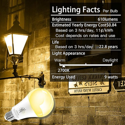 Gonhom 2 Pack Dusk to Dawn Light Bulbs Outdoor, 2700K Warm White, 720LM, 9W(60W Equivalent) A19 E26 Automatic On/Off LED Sensor Light Bulbs, Dusk to Dawn Outdoor Lighting for Porch Garage Patio