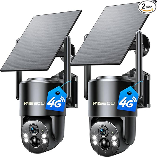 MISECU 4G LTE Cellular Solar Security Camera Wireless Outdoor, No WiFi Solar Powered Outdoor, 2.5K Color Night Vision, AI Motion Detection, 360° PTZ Live View, 2 Way Talk, Built in SIM Card (2 Pack)