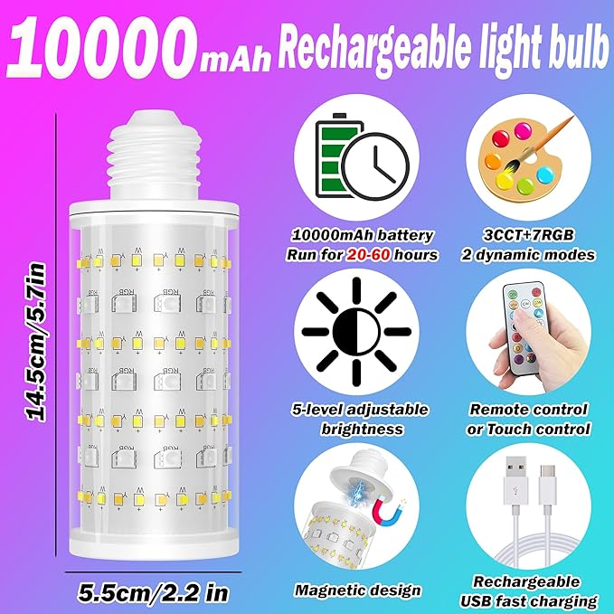 Battery Operated Light Bulb With Remote Control, 2 Pack Rechargeable Light Bulbs 360° lighting For Non-Hardwired Lamp, 10000mAh RGB Dimmable Bulbs Lighting Time Up To 60 Hrs for Home Power Outage