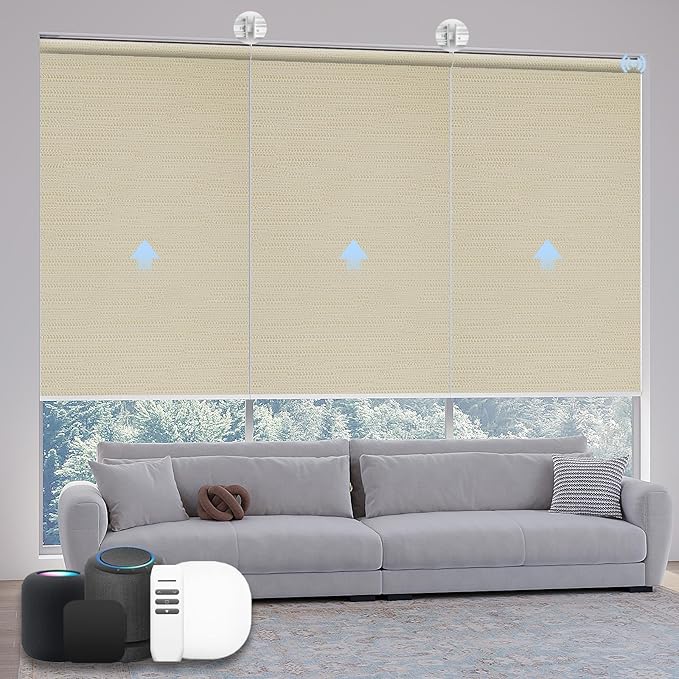 Motorized Coupled Shades, Blackout Smart Blinds for Large Windows Automatic Blinds Compatible with Alexa, Motorized Roller Shades Customized for Bedroom Home Office(Blackout-Jacquard Coffee)