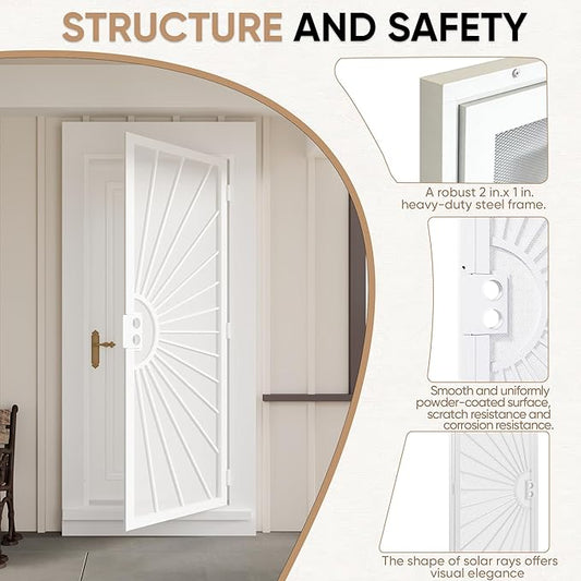 JUBEST 32 in. x 80 in. Security Door, Exterior Front Entry Door, Outswing Steel Security Door with Perforated Metal Screen, Powder Coated White, Lock Not Include