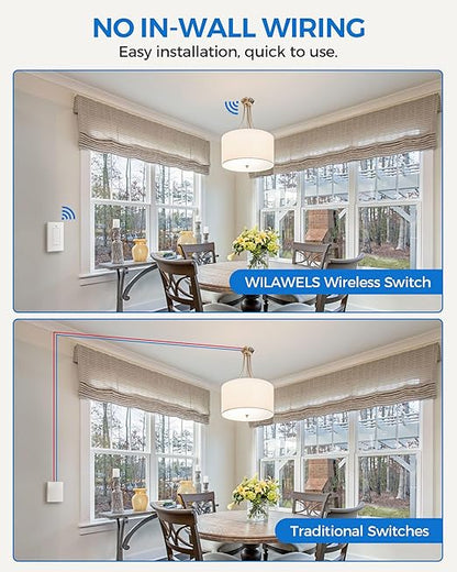 Wireless Light Switch and Receiver Kit, WILAWELS Wireless On Off Switches for Ceiling Light, Lamp, Moveable Remote Wall Switch, 100FT RF Range, No in-Wall Wiring Required, Pre-Programmed W06RC1106