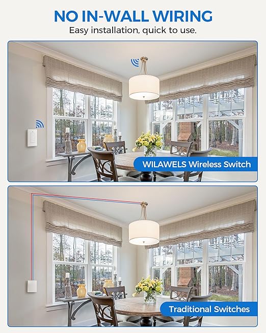 Wireless Light Switch and Receiver Kit, WILAWELS Wireless On Off Switches for Ceiling Light, Lamp, Moveable Remote Wall Switch, 100FT RF Range, No in-Wall Wiring Required, Pre-Programmed W06RC1106