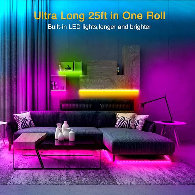 VOLIVO 25FT LED Strip Lights for Bedroom RGB Color Changing | Bluetooth APP Control, IR Remote, Music Sync Lighting, Room & Home Decor