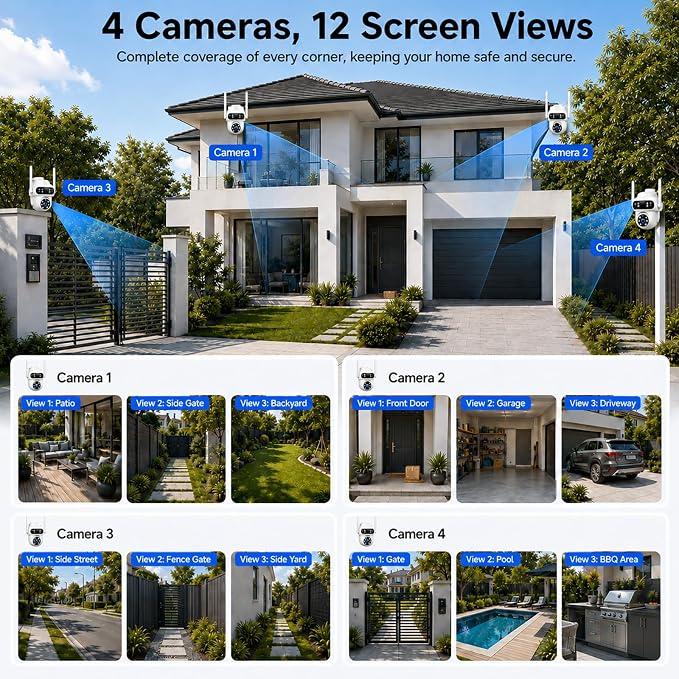 CAMCAMP Triple-Lens Wireless Security Camera System Outdoor with 12 Views | 4 Auto Huamn Tracking PTZ Cameras & 10CH 500GB NVR Kit, Dual-Band WiFi Home Surveillance for Multi-Angle Property Protection