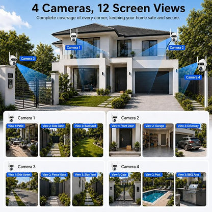 CAMCAMP Triple-Lens Wireless Security Camera System Outdoor with 12 Views | 4 Auto Huamn Tracking PTZ Cameras & 10CH 500GB NVR Kit, Dual-Band WiFi Home Surveillance for Multi-Angle Property Protection