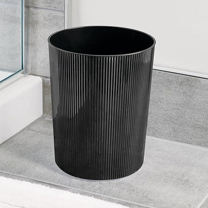 iDesign Small Round Plastic Bathroom Trash Can - Fluted Trash Can for Bathroom, Bedroom, or Office - Black