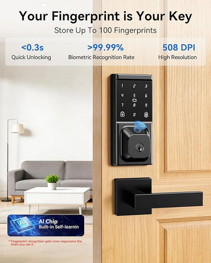 Smart Deadbolt Lock with 2 Lever Handles, Keyless Entry Door Lock Set, Fingerprint, Touchscreen Keypad, APP Control, Temporary Passcode, Auto Lock, IP54 Waterproof, Easy Install for Front Door
