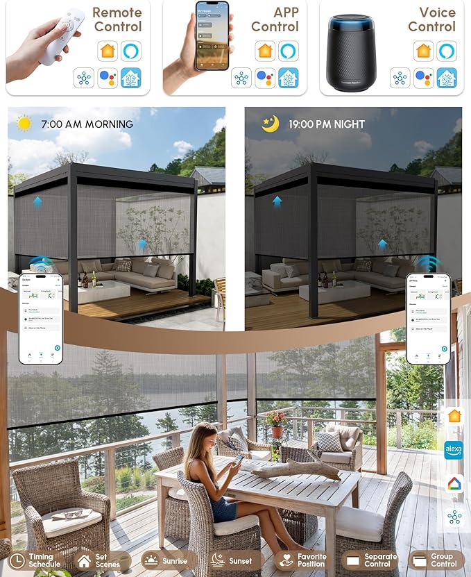 Kincmo Motorized Outdoor Shades for Patio Porch, Custom Outdoor Motorized Blinds with Remote, Waterproof & Windproof Patio Shades Work with Apple Homekit,Alexa,Google (5% Openness Texture White Grey)