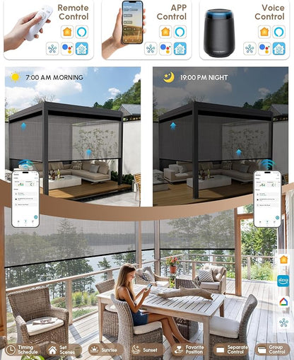 Kincmo Motorized Outdoor Shades for Patio Porch, Custom Outdoor Motorized Blinds with Remote, Waterproof & Windproof Patio Shades Work with Apple Homekit,Alexa,Google (5% Openness Texture White Grey)