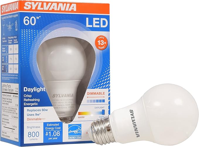 Sylvania A19 LED Light Bulb, 9W, 60W Equivalent, 13 Year, Dimmable, 800 Lumens, 5000K, Daylight - 1 Pack (78066)
