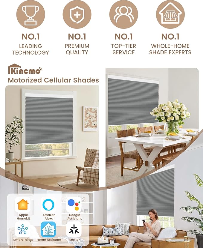 Kincmo Motorized Cellular Shades, Custom Motorized Blinds with Remote, Cordless Smart Electric Honeycomb Blinds Work with Apple HomeKit, Alexa, Google (100%-Blackout-Double-Cell Dark Grey)