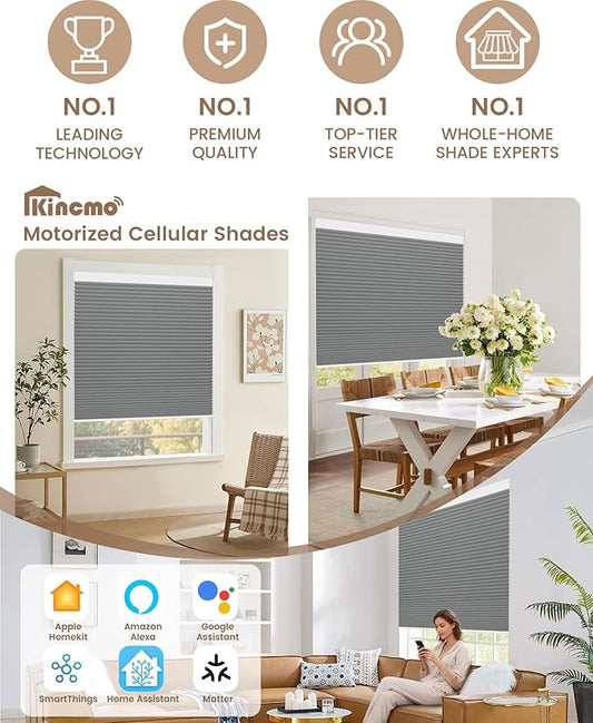 Kincmo Motorized Cellular Shades, Custom Motorized Blinds with Remote, Cordless Smart Electric Honeycomb Blinds Work with Apple HomeKit, Alexa, Google (100%-Blackout-Double-Cell Dark Grey)