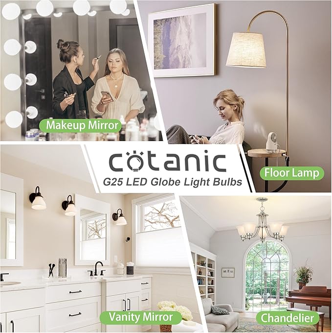 Cotanic G25 LED Globe Light Bulbs,E26 Standard Base,5W,60 Watt Incandescent Equivalent,500LM,Non-Dimmable, 12 Pack Vanity Light Bulb for Bathroom 4000K Daylight