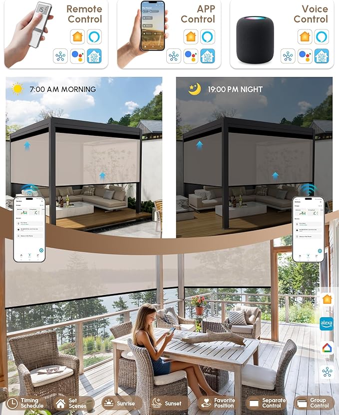 Kincmo Motorized Outdoor Shades for Patio Porch, Custom Outdoor Motorized Blinds with Remote, Waterproof & Windproof Patio Shades Work with Apple Homekit,Alexa,Google (3% Openness Beige)