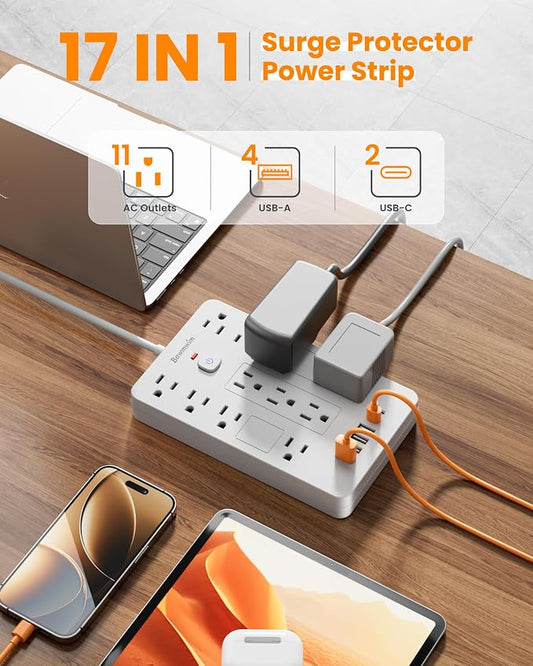 Surge Protector Power Strip - 11 Outlets(1850W/15A/14AWG) with 6 USB Ports(2 USB C), 15FT Flat Plug Extension Cord, Wall Mount, White, ETL Listed for Home, Dorm Room