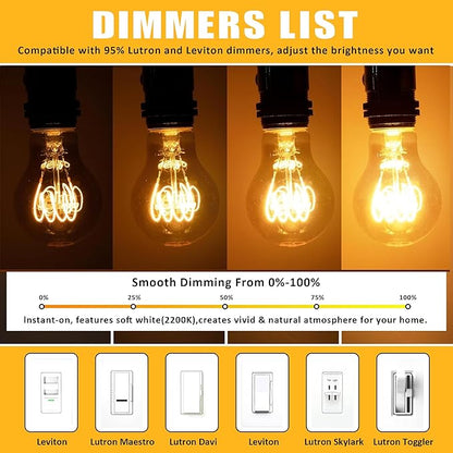 Dimmable LED Edison Light Bulbs 4W 40 Watt Vintage Warm A19 E26 2200K Light Bulbs Antique Spiral Decorative Amber Light Bulbs, CRI 90+, Pack of 2