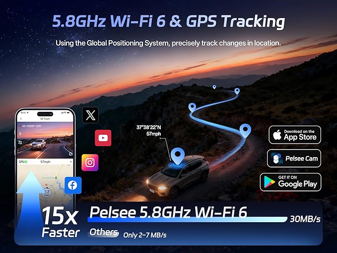 Pelsee S3 Touch 4K Dash Cam Front and Rear, STARVIS 2 Sensor, STARLIT™ Full Color Night Vision, 128GB Card, WiFi 6, ADAS, Dash Camera for Cars with 3.39"IPS Screen, Voice Control, 24H Parking Mode GPS