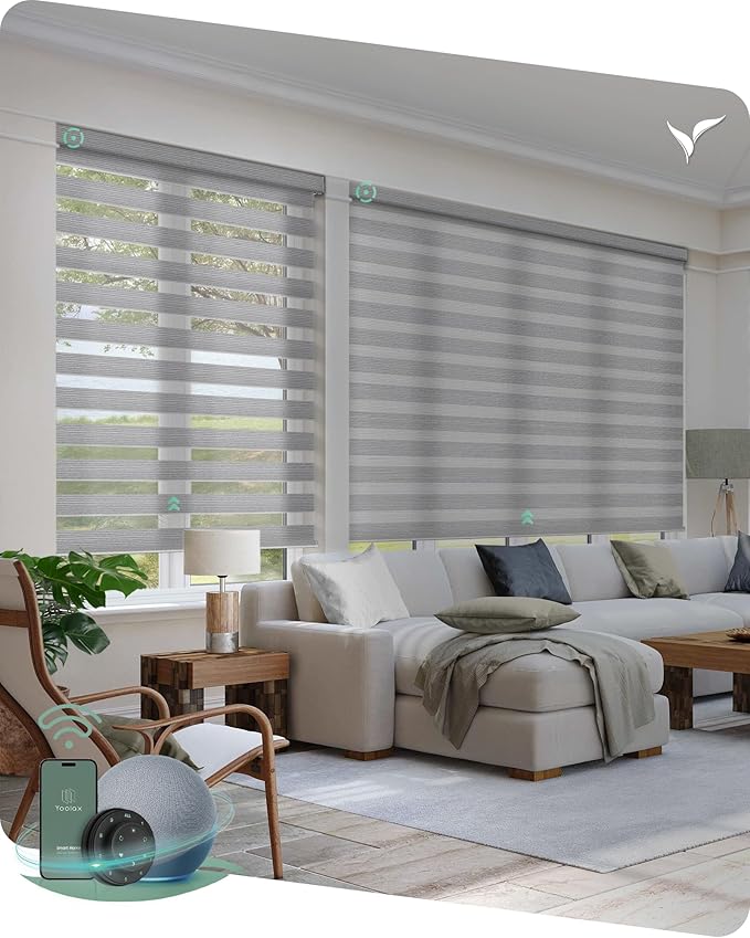 Yoolax Motorized Blinds with Remote, Motorized Zebra Shades Compatible with Alexa, Privacy Motorized Blinds, Zebra Shades for Windows Custom Size(V-Jungle Stripe Grey)