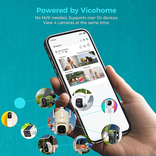 Vicohome 4CQ4G 2K AI Solar Security Camera Wireless Outdoor, Battery Powered Cam, Color Night Vision, Two Way Audio, Motion Detection, Easy to Setup, Audible Flashlight Siren, 180 Days Exchange Policy