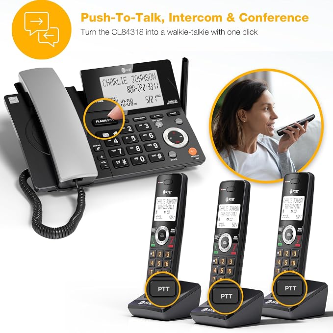 AT&T DECT 6.0 Corded/Cordless Phone, 3-Handset, Works During Power Outages, Smart Call Blocker, Answering Machine, Caller ID Announce | CL84318