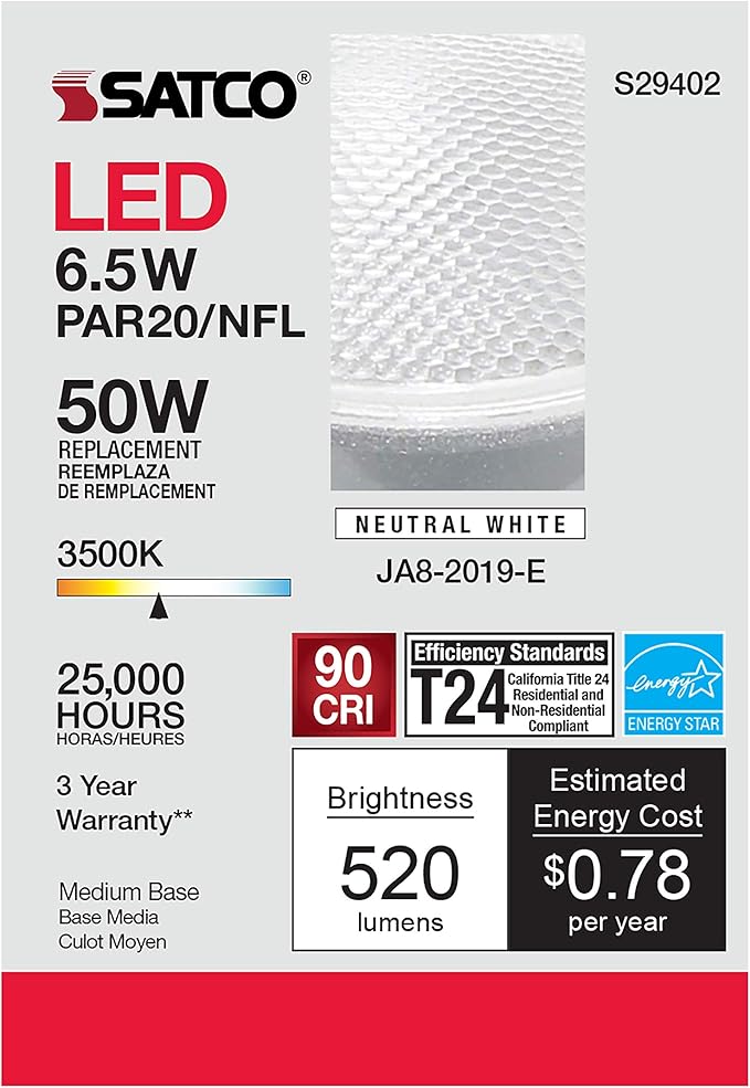 Satco S29402 6.5 Watt 120 Volt PAR20 LED Light Bulb; 3500K Neutral White Light; 25 deg. Beam Angle; E26 Medium Base; Dimmable (6 LED Light Bulbs)