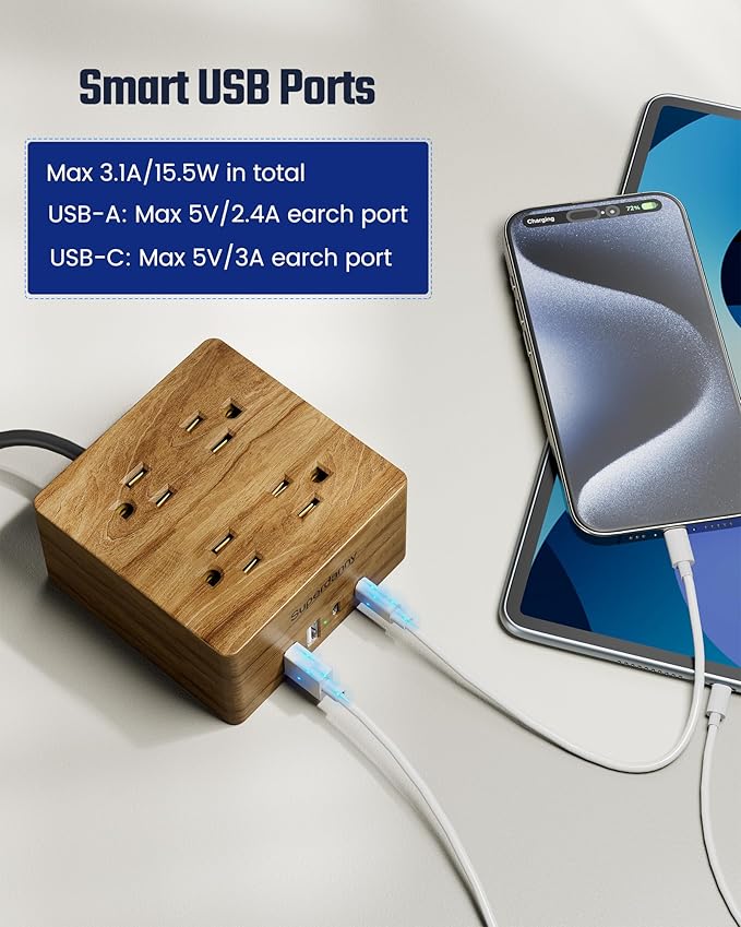 USB Power Strip Surge Protector - SUPERDANNY Desktop Extension Cord with 4 Widely Spaced Outlets & 4 Smart USB Ports, Portable Charging Station for Home, Office, Hotel, Dorm, RV, Faux Walnut Grain