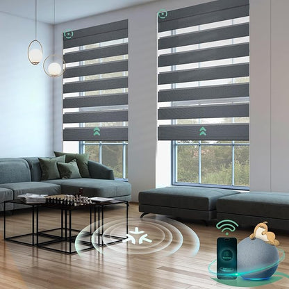 Yoolax Motorized Matter Zebra Blinds Compatible with Alexa, Google Home, Apple HomeKit, Blackout Smart Blinds, Privacy Light Control Horizontal Window Blind for Home (100% Blackout Mesh Silver)